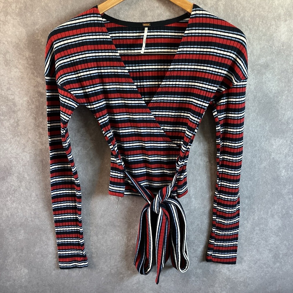 Free People Wrap Top Womens XS Red Blue Striped Ribbed Long Sleeve Tie Front
